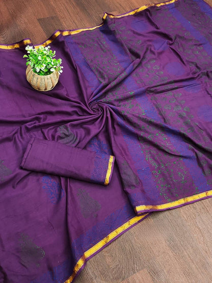 Purple Muslin Cotton Silk Saree With Hand Block Print & Zari Border | Ethnic Wear – JaipurSaaj