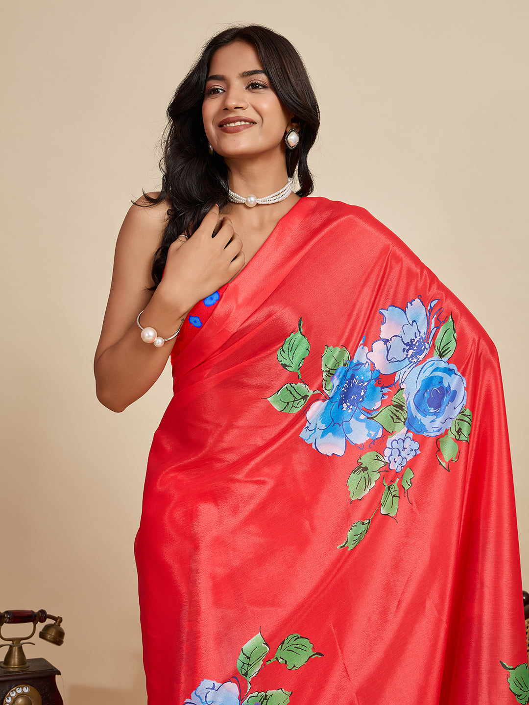 Red Soft Chinnon Silk Saree With Digital Printed Work