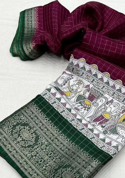 Maroon Dola Silk Saree With Beautiful Madhubani Printed Pallu Work