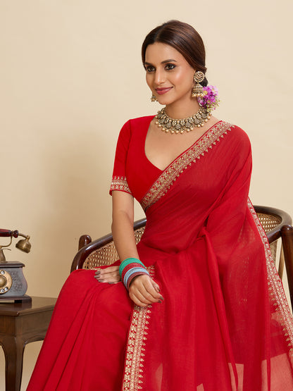 Red Soft Vichitra Silk Saree With Embroidery Work | Bridal Wedding & Festive Wear – JaipurSaaj