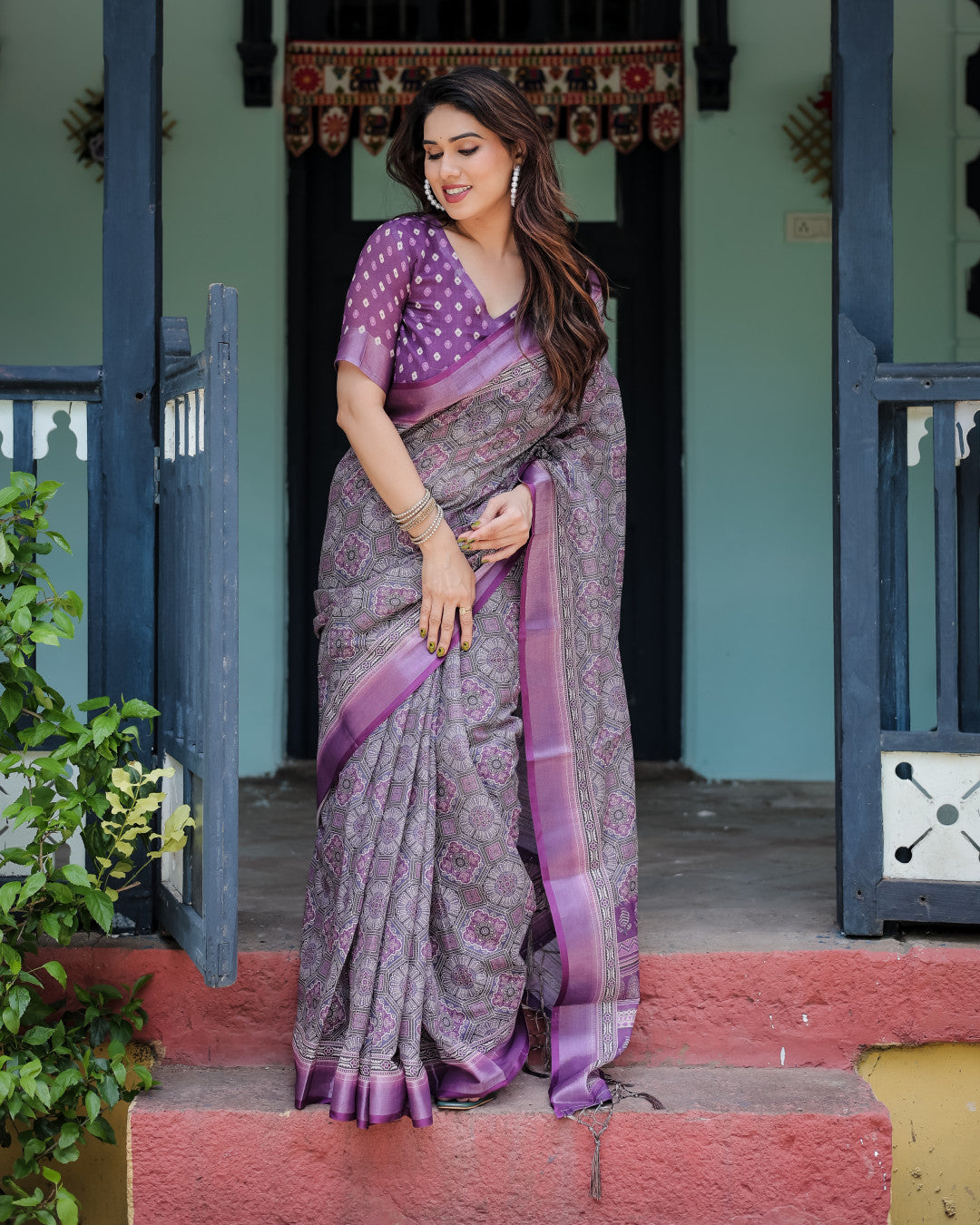 Magenta Summer Special Digital Printed Linen Cotton Saree