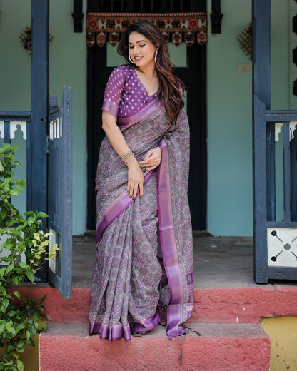 Magenta Summer Special Digital Printed Linen Cotton Saree