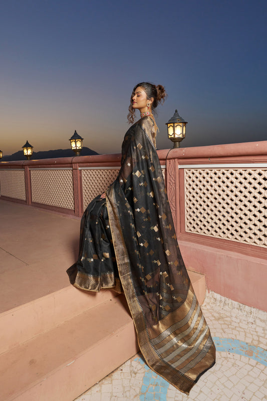 Black Color Kota Doriya Saree With Zari Weaving Work