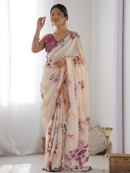 Beige Georgette Saree With Printed And Mirror Work With Arco Border
