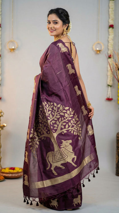 Wine Khadi Raw Silk Saree With Zari Weaving Cow Pallu & Border | Traditional Festive Wear – JaipurSaaj