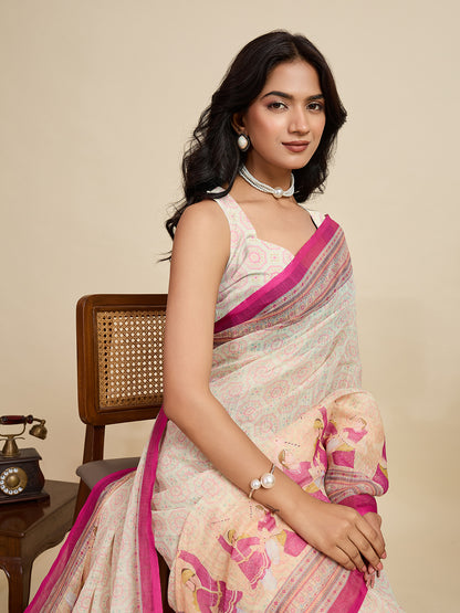 Off White Linen Cotton Saree With Digital Printed Work And Silver Zari Border | Lightweight Festive & Party Wear – JaipurSaaj