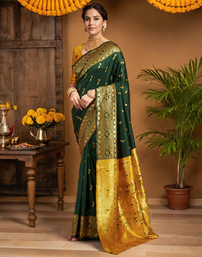 Traditional Green Paithani Silk Saree With Zari Weaving Work