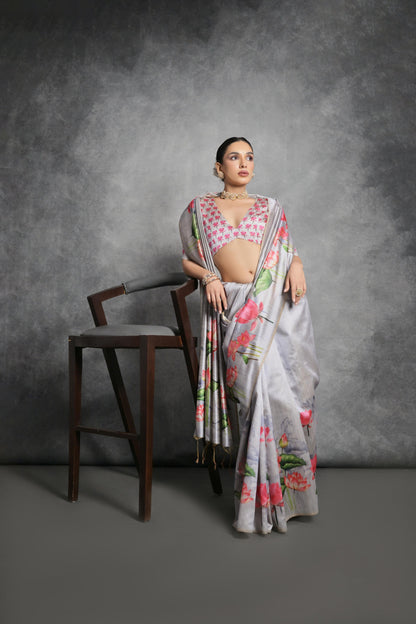 Gray Tussar Silk Saree with Lotus Floral Printed Work | Festive & Party Wear – JaipurSaaj