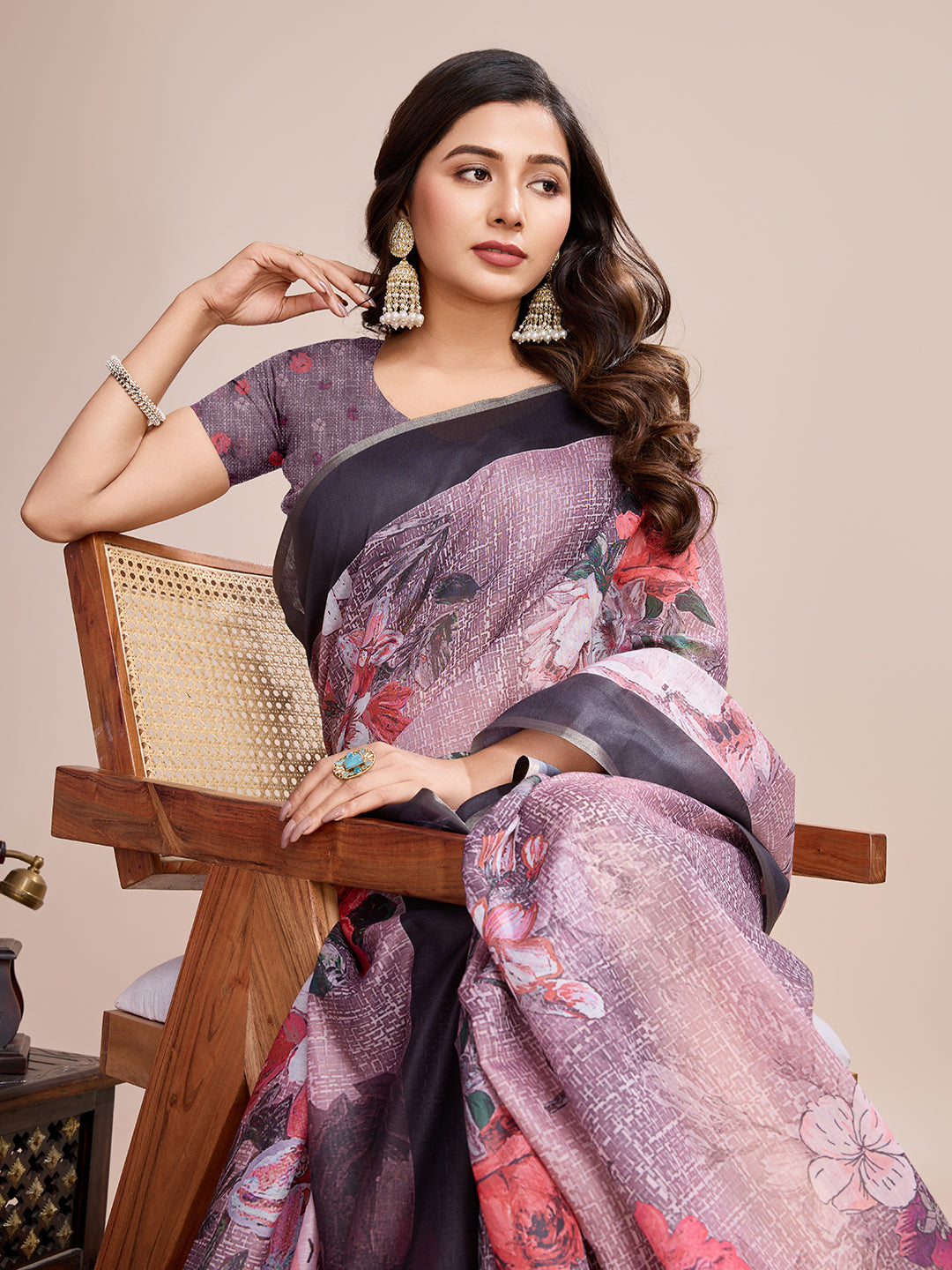 Fancy Multi Soft Linen Cotton Saree With Floral Printed Work