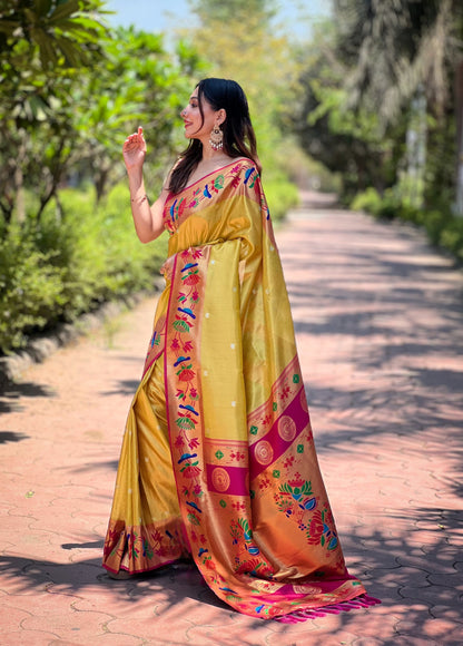 Yellow Soft Tissue Paithani Silk Saree With Zari Weaving Work | Bridal Wedding Wear – JaipurSaaj