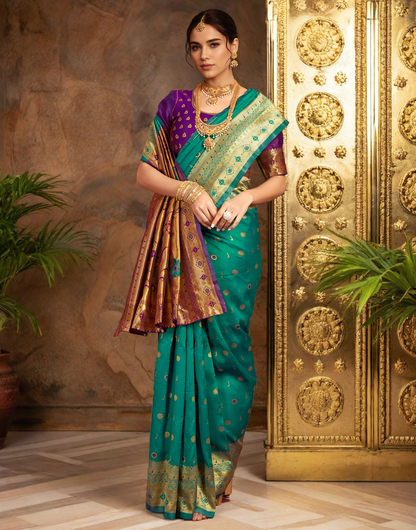 Traditional Rama Green Paithani Silk Saree With Zari Weaving Work