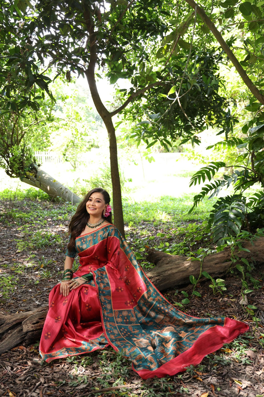 Pink Peacock Digital Printed Tussar Silk Saree | Traditional Festive Ethnic Wear – JaipurSaaj