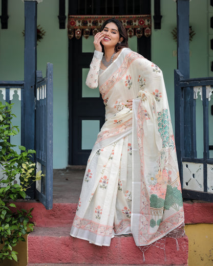 Off White Summer Special Digital Printed Linen Cotton Saree
