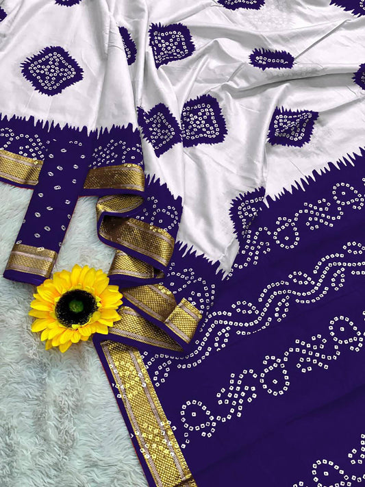 Blue Color Soft Pure Mulmul Cotton Saree With Bandhani Block Print And Zari Weaving Border