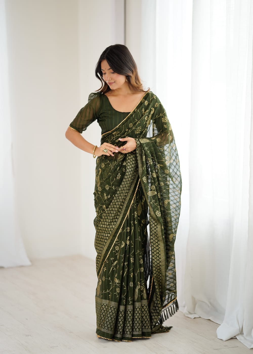 Mahendi Green Color Georgette Saree With Digital Printed Work And Lace Border