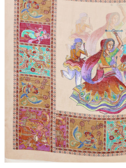 Multi Linen Cotton Saree With Digital Printed Work And Silver Zari Border