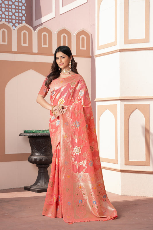 Peach Banarasi Cotton Silk Saree With Zari Woven Work