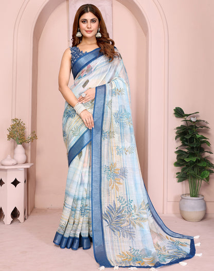 Multi Linen Cotton Saree With Digital Printed Work And Silver Zari Border