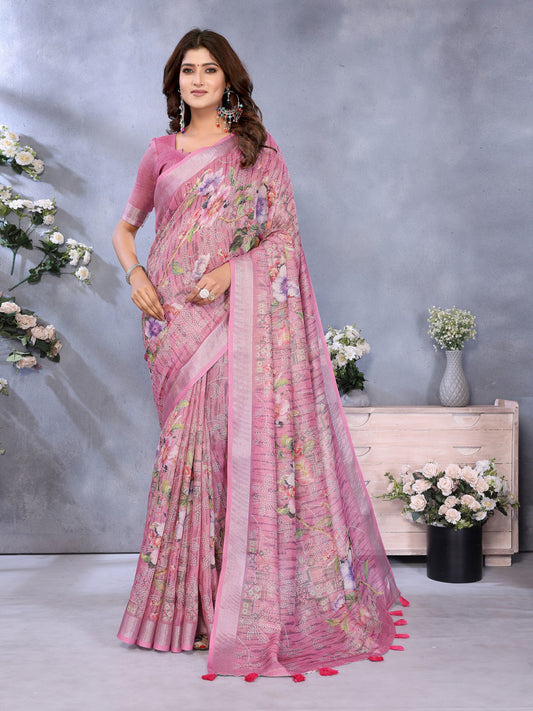 Pink Linen Cotton Saree With Digital Printed Work And Silver Zari Border
