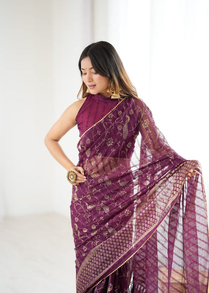 Wine Color Georgette Saree With Digital Printed Work And Lace Border
