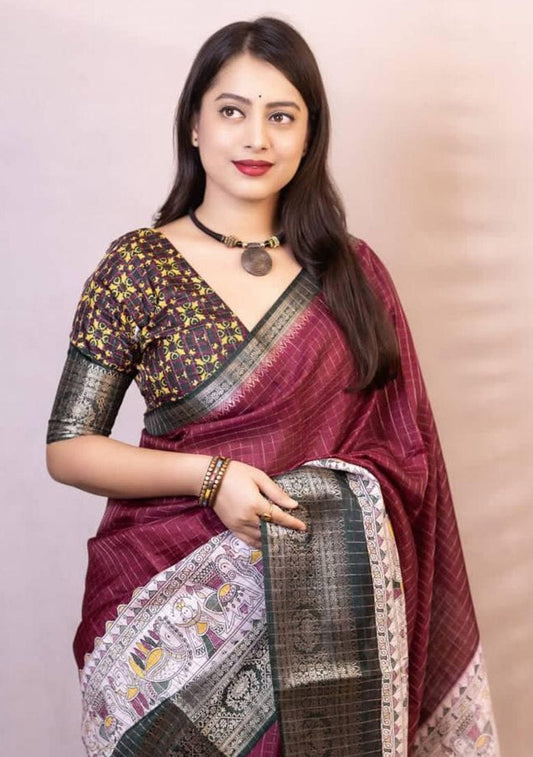 Maroon Dola Silk Saree With Beautiful Madhubani Printed Pallu Work