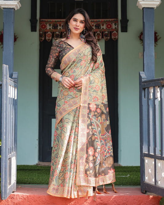 Pista Green Soft Linen Cotton Saree With Kalamkari Printed Work