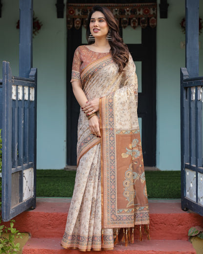 Beige Soft Linen Cotton Saree With Kalamkari Printed Work