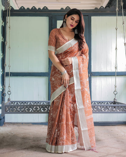 Coffee Digital Printed Linen Cotton Saree | Summer Special Office & Casual Wear – JaipurSaaj