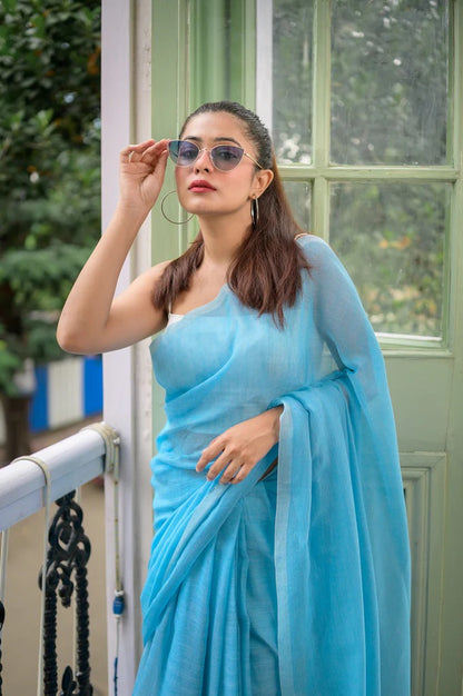 Sky Blue Plain Khadi Cotton Saree With Fancy Tassel Work | Handloom Office Wear – JaipurSaaj