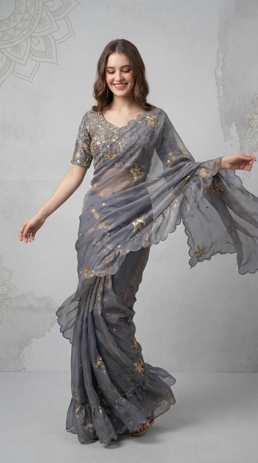 Gray Fandy Satin Silk Saree With Heavy Shine Hand Work & Cutwork Border | Wedding & Party Wear - JaipurSaaj