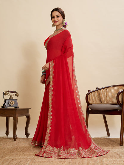 Red Soft Vichitra Silk Saree With Embroidery Work | Bridal Wedding & Festive Wear – JaipurSaaj