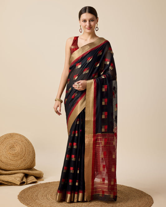 Black Color Cotton Silk Saree With Weaving Work