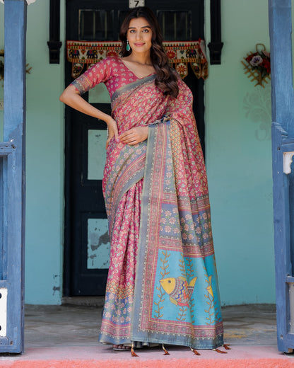 Multi Color Kalamkari Digital Printed Linen Cotton Saree | Summer Casual & Ethnic Wear – JaipurSaaj