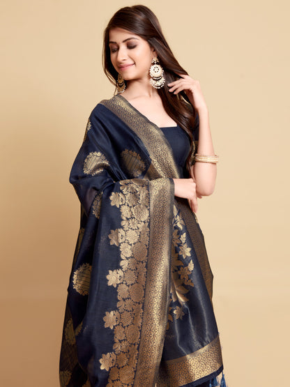 Navy Blue Soft Linen Silk Saree With Zari Weaving Work | Traditional Wedding & Festive Wear – JaipurSaaj