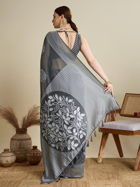 Gray Color Soft Silk Saree With Weaving Work Lining Border