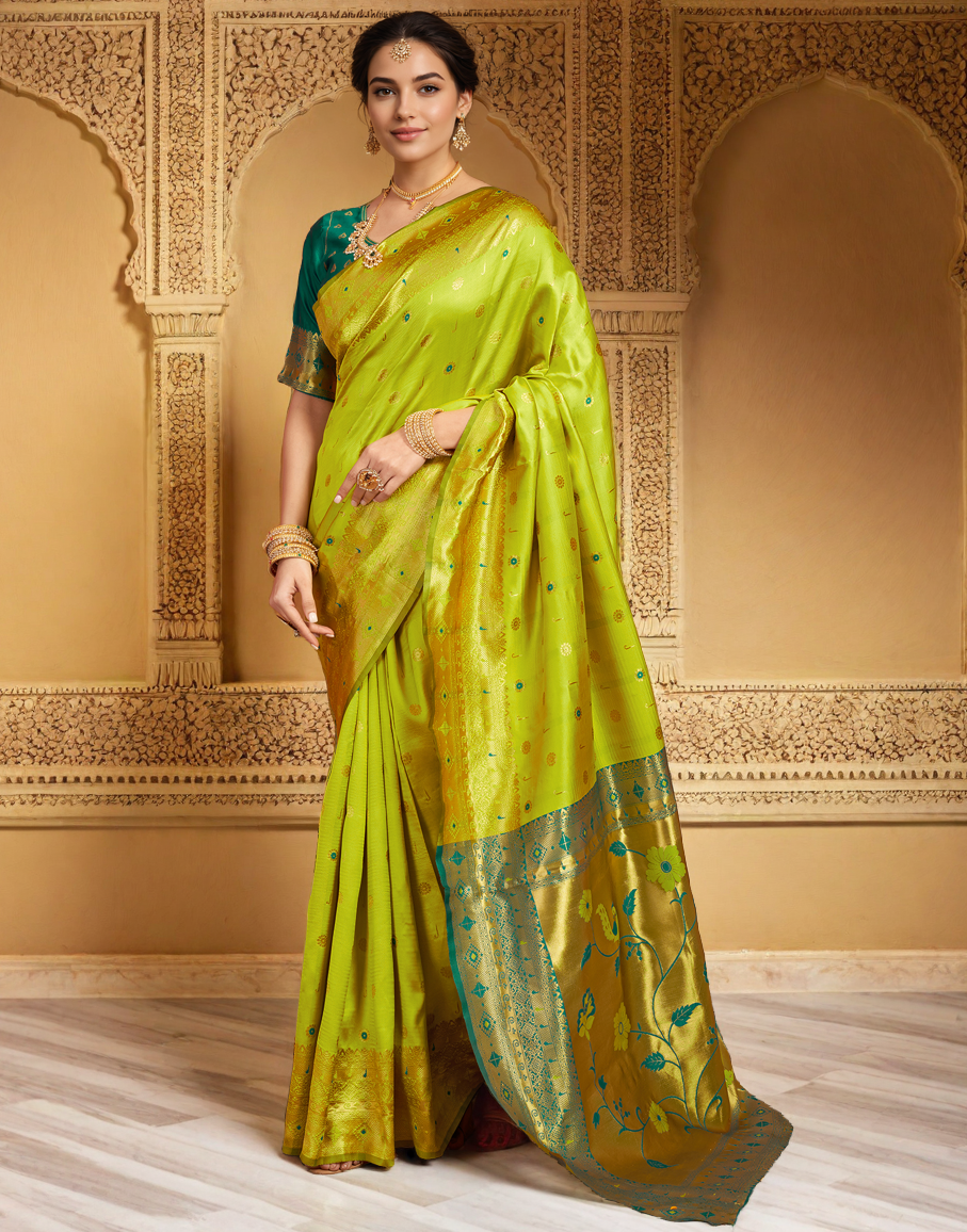 Traditional Parrot Green Paithani Silk Saree With Zari Weaving Work