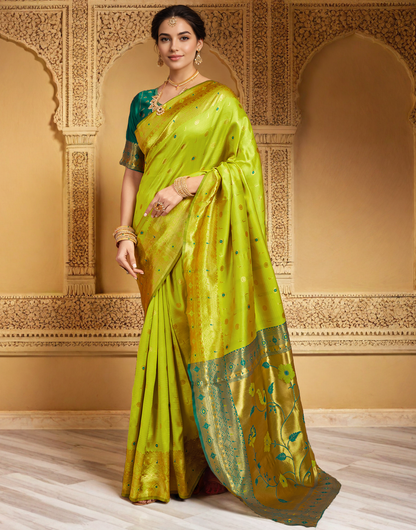 Traditional Parrot Green Paithani Silk Saree With Zari Weaving Work