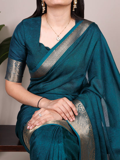 Rama Green Moss Mello Silk Saree with Printed Work & Zari Weaving Border | Casual & Office Wear – JaipurSaaj