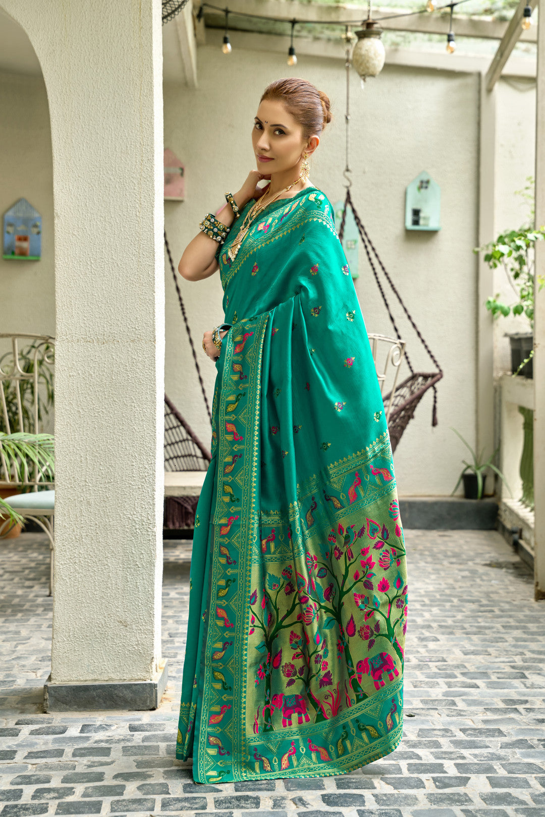 Traditional Rama Green Paithani Silk Saree With Zari Weaving Work