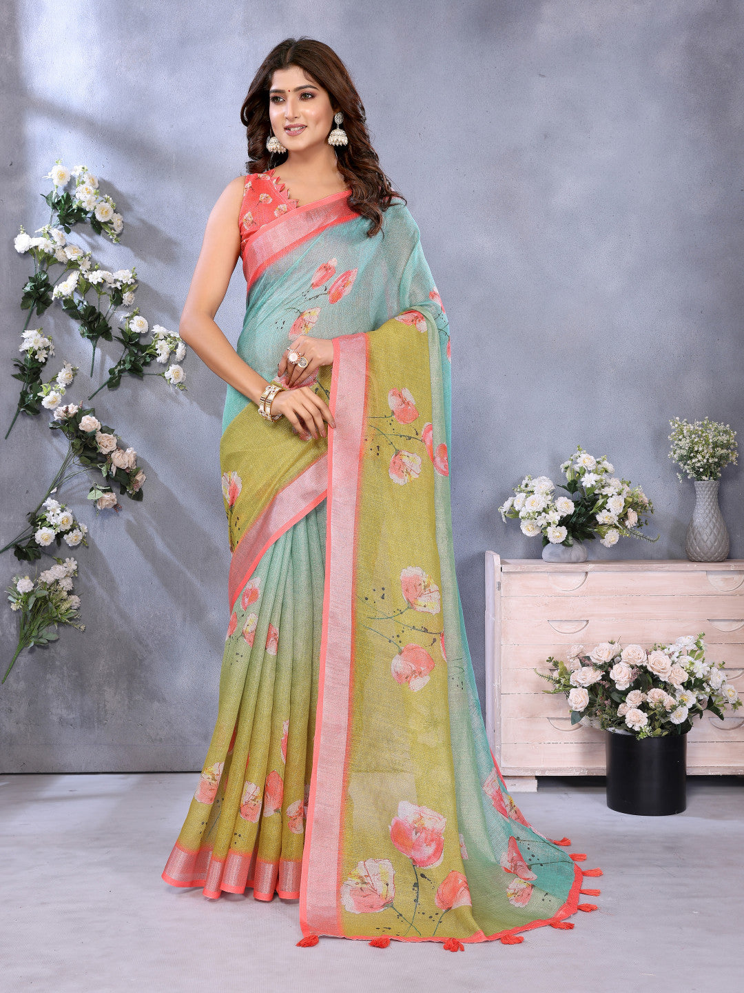 Multi Linen Cotton Saree With Digital Printed Work And Silver Zari Border