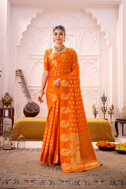 Orange Soft Roop Silk Saree With Printed Work & Zari Weaving Border | Traditional Festive Wear – JaipurSaaj