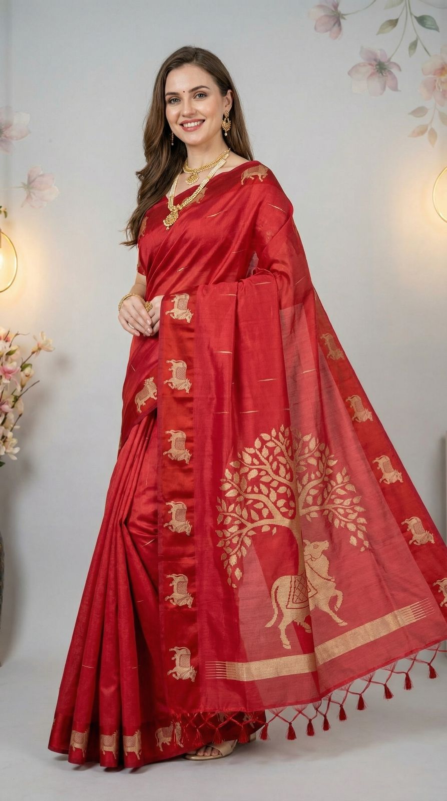 Red Khadi Raw Silk Saree With Zari Weaving Cow Pallu & Border | Traditional Festive Wear – JaipurSaaj