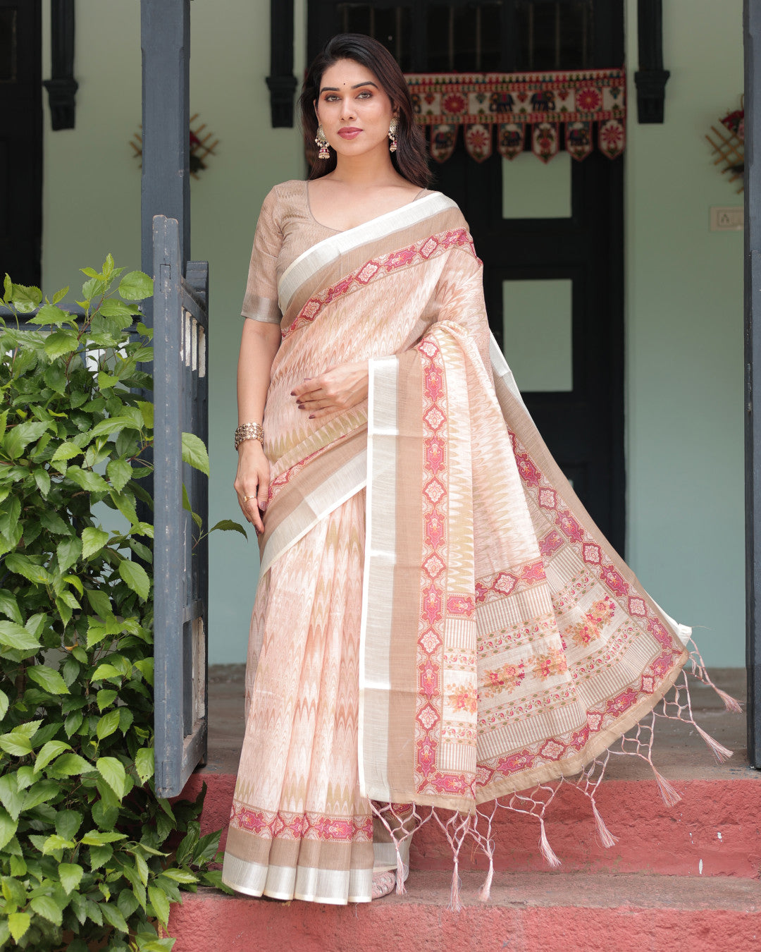 Beige Soft Linen Cotton Saree With Digital Printed Work