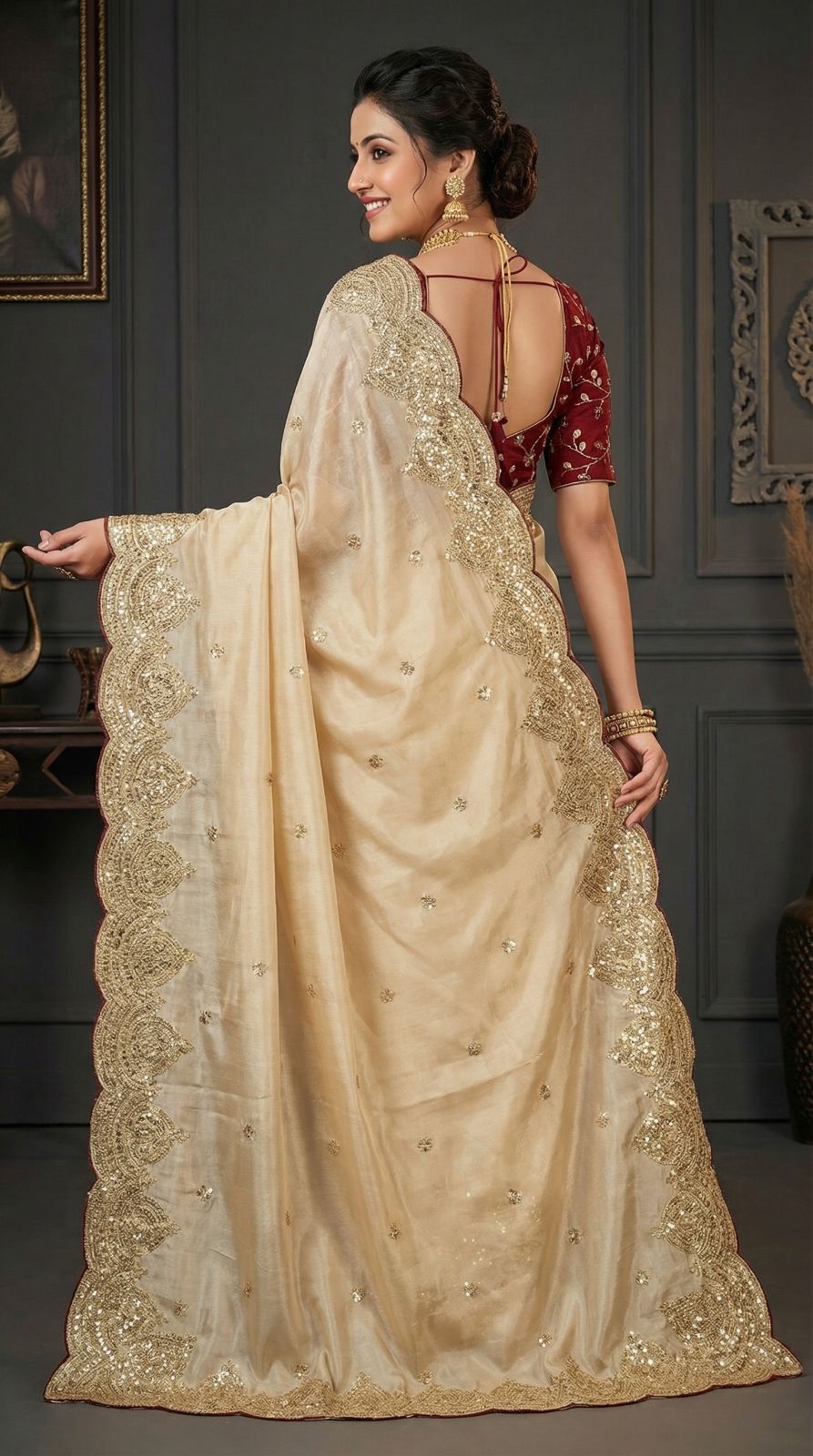 Beige Jimmy Choo Satin Silk Saree With Sequence Work | Reception & Party Wear – JaipurSaaj
