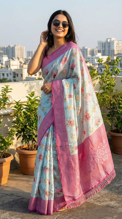 Sky Blue Brasso Silk Saree With Floral Print & Pink Zari Border | Party & Festive Wear – JaipurSaaj