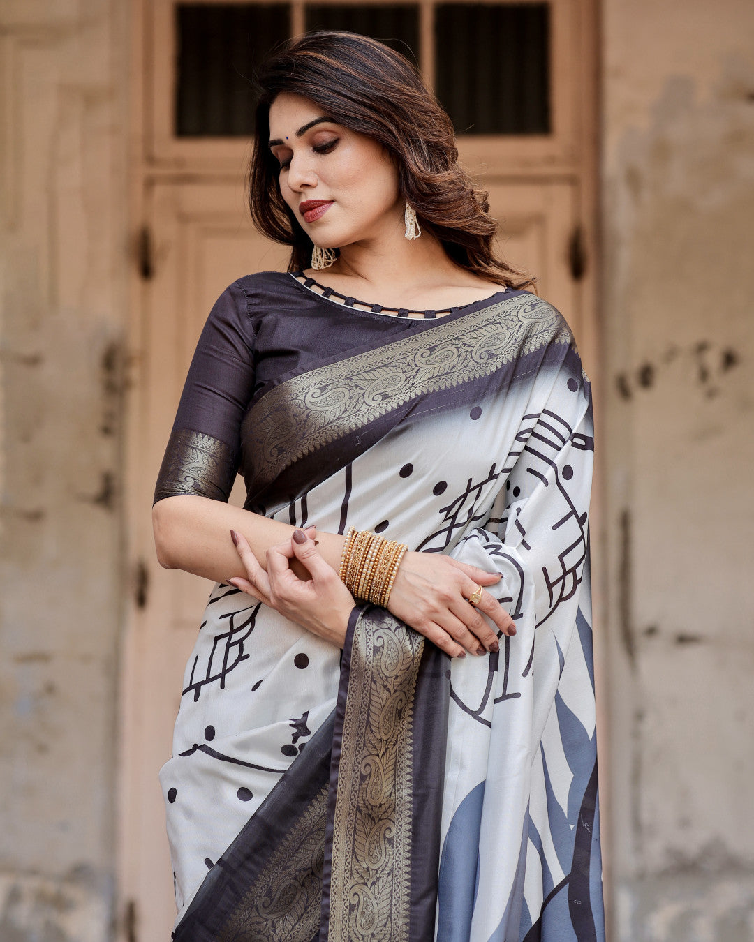 Multi Color Digital Printed Tussar Silk Saree With Zari Motif Border | Designer Festive Ethnic Wear – JaipurSaaj