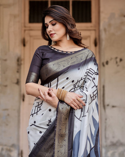 Multi Color Digital Printed Tussar Silk Saree With Zari Motif Border | Designer Festive Ethnic Wear – JaipurSaaj
