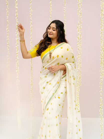 White Linen Cotton Saree with Digital Printed Work | Lightweight Daily & Office Wear – JaipurSaaj