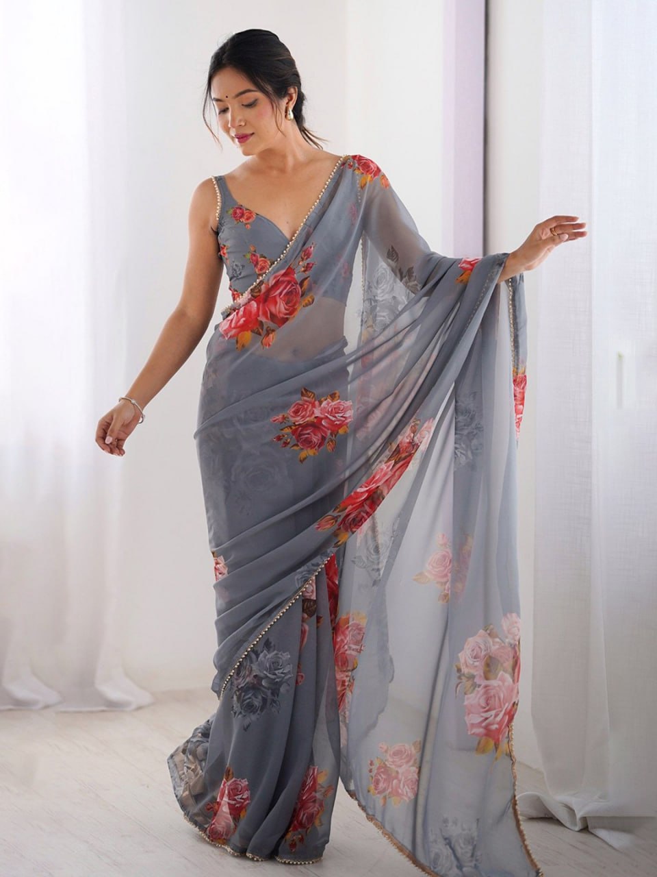 Gray Georgette Saree With Printed Work And Moti Border