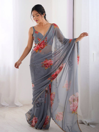 Gray Georgette Saree With Printed Work And Moti Border